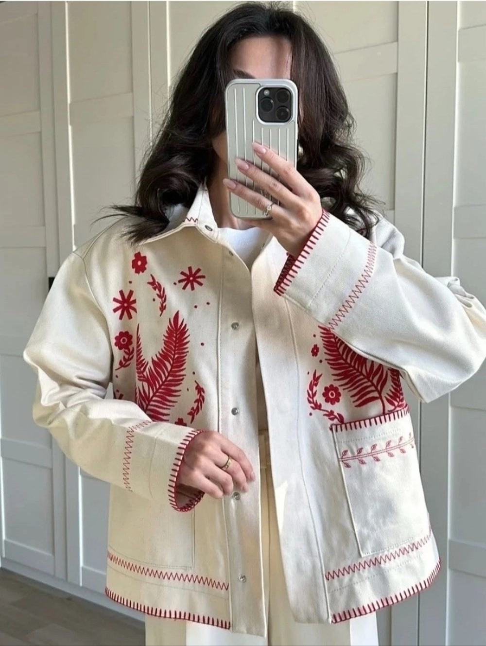 Sz M New Zara ZW Collection Embroidered Overshirt Jacket Cream Red Embroidery